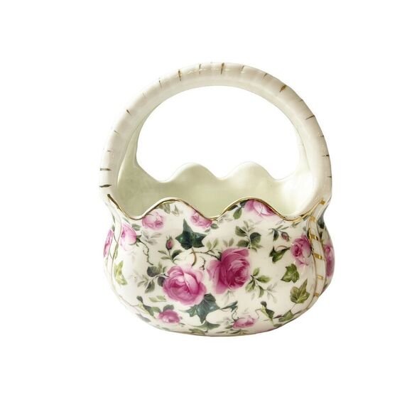 Formalities by Baum Bros Pink Rose White Basket Vase Small Porcelain Glass - Picture 1 of 16